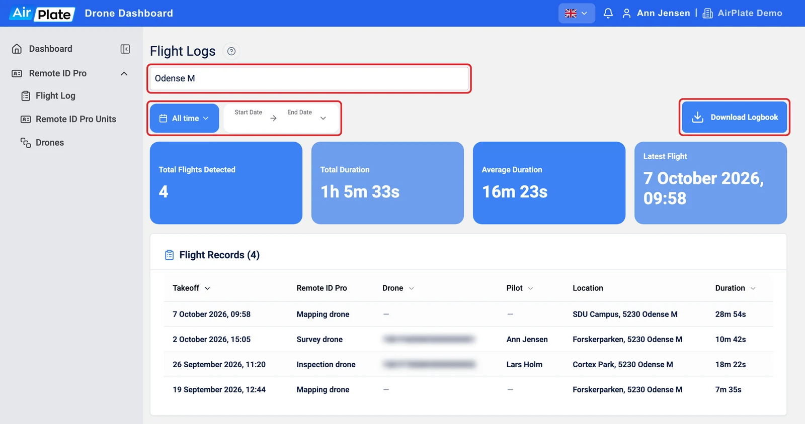 The Flight Logs page filtered by the search Odense M, with the search box, the date range and the Download Logbook button highlighted